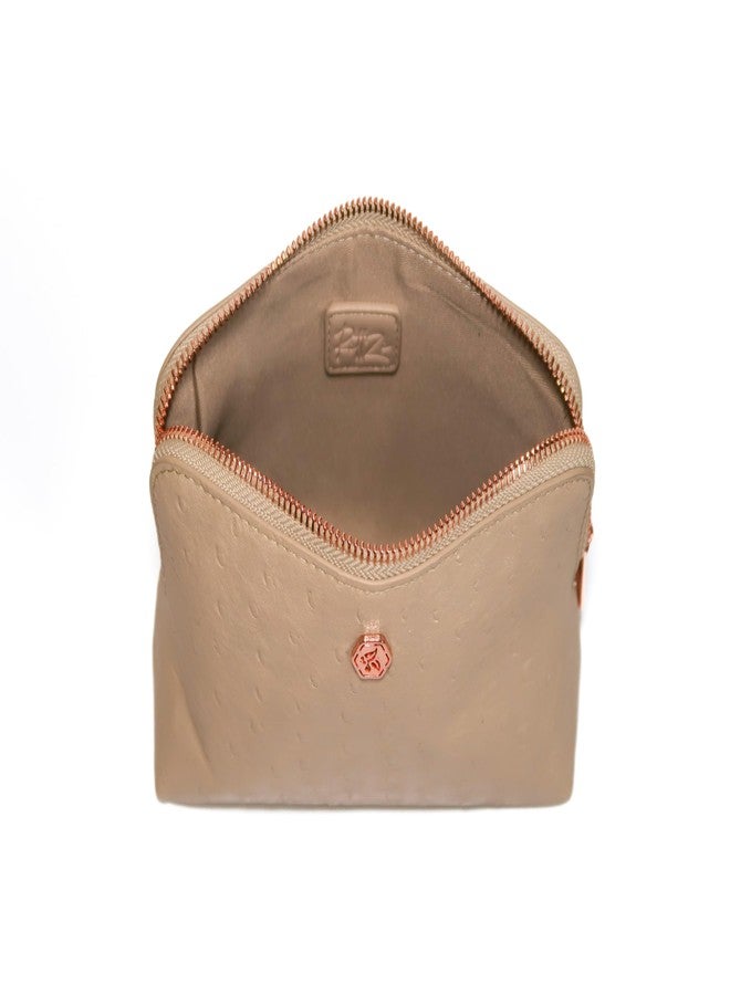 RITTZI Freyja Ostrich Cosmetic Bag and Wallet Set, 2-Piece Ostrich Vegan Leather Travel Makeup Pouch with Slim Card Holder, Rose Gold Hardware (Tawny Beige) - Image 3