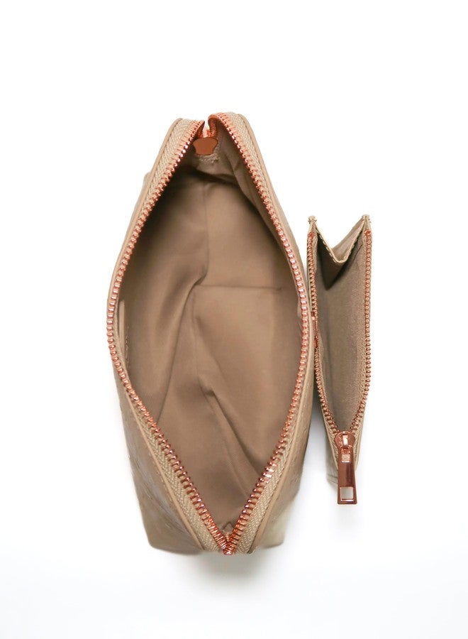 RITTZI Freyja Ostrich Cosmetic Bag and Wallet Set, 2-Piece Ostrich Vegan Leather Travel Makeup Pouch with Slim Card Holder, Rose Gold Hardware (Tawny Beige) - Image 2