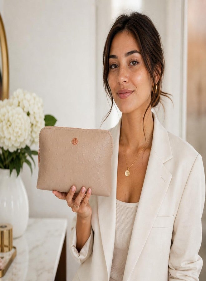 RITTZI Freyja Ostrich Cosmetic Bag and Wallet Set, 2-Piece Ostrich Vegan Leather Travel Makeup Pouch with Slim Card Holder, Rose Gold Hardware (Tawny Beige) - Image 4