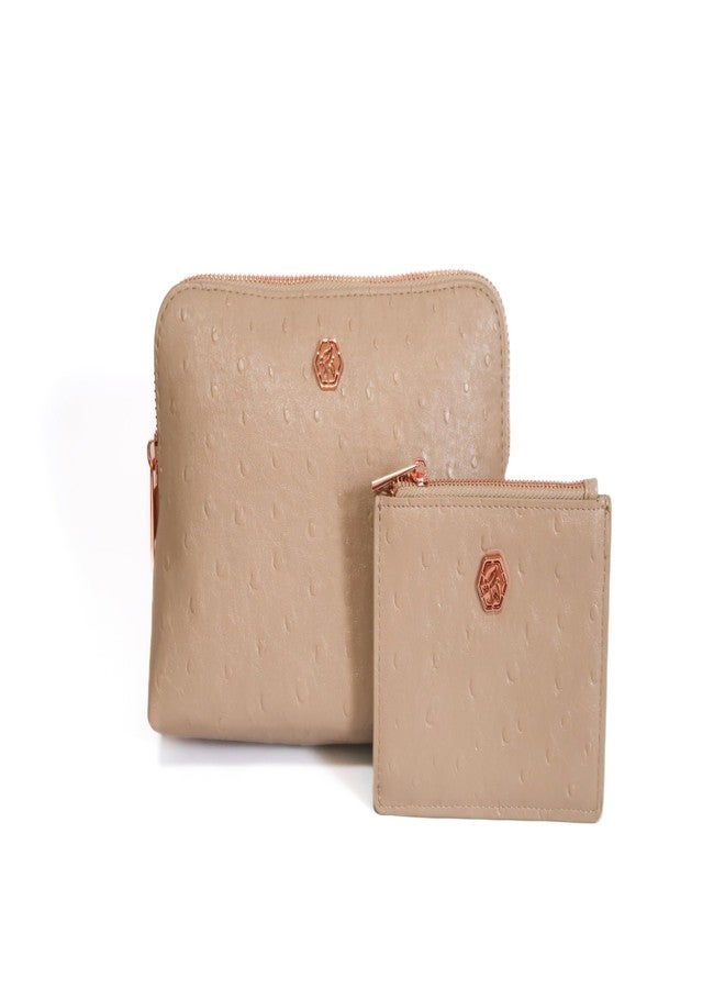 RITTZI Freyja Ostrich Cosmetic Bag and Wallet Set, 2-Piece Ostrich Vegan Leather Travel Makeup Pouch with Slim Card Holder, Rose Gold Hardware (Tawny Beige) - Image 1
