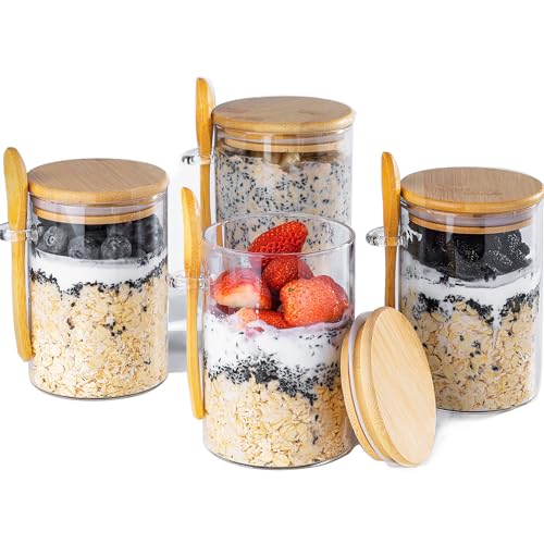 MHDCLY Overnight Oats Containers with Lids,16oz Overnight Oats Jars 4 Pack, Oatmeal Cups,Meal Prep Containers,Glass Meal Prep Containers with Lids,China Pudding Jars - Image 1
