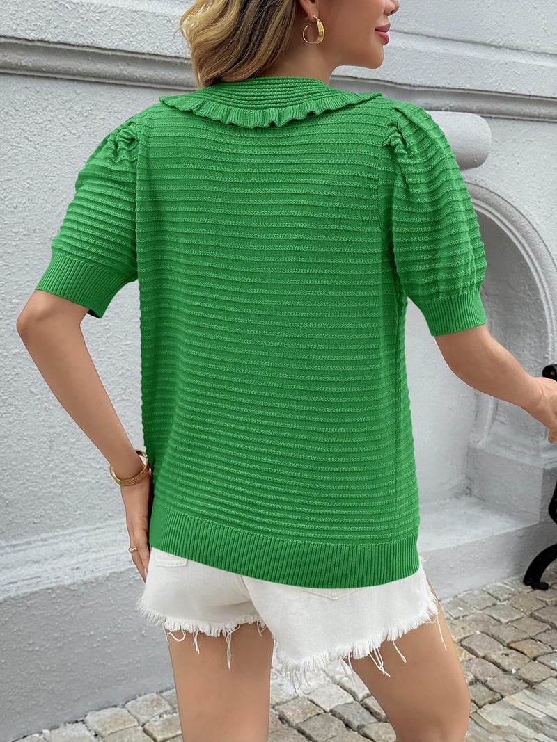 Cicy Bell Womens Ruffle Cardigan Sweater Puff Short Sleeve Button Up Eyelet Tops Ribbed Knit Peter Pan Collar Cardigans Green - Image 4