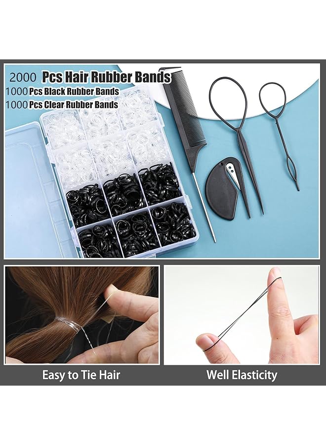 KASTWAVE 2000 Pcs Elastic Hair Bands With Hair Loop Styling Tool Set Clear Mini Hair Bands And Black Elastic Hair Ties With Rubber Band Cutter Organizer Box Hair Accessories For Toddler Baby Girl Women - Image 3