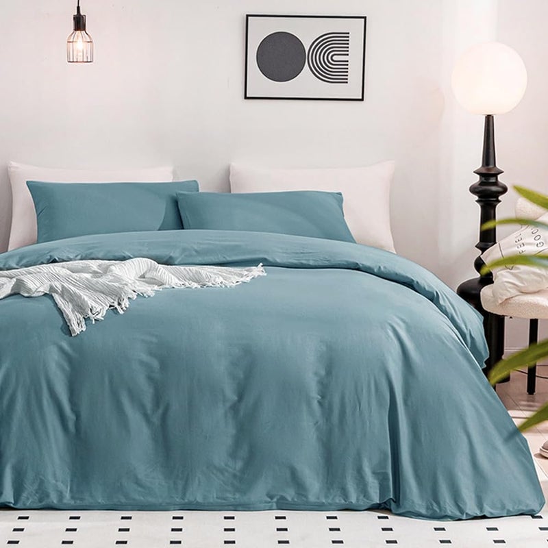 JELLYMONI Cotton Duvet Cover Queen Size - 100% Washed Cotton Linen Like Textured Comforter Cover, 3 Pieces Breathable Soft Bedding Set with Zipper Closure (Grayish Blue, Queen 90"x90") - Image 1