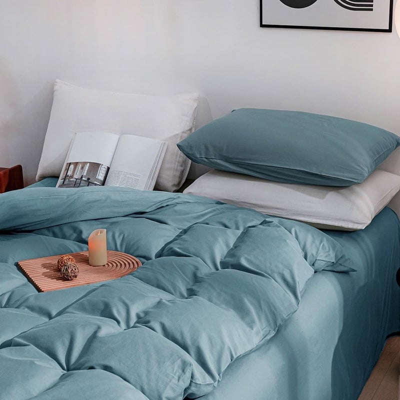 JELLYMONI Cotton Duvet Cover Queen Size - 100% Washed Cotton Linen Like Textured Comforter Cover, 3 Pieces Breathable Soft Bedding Set with Zipper Closure (Grayish Blue, Queen 90"x90") - Image 2