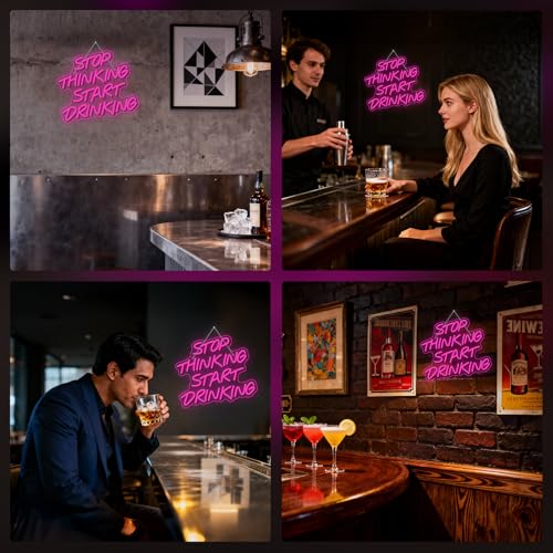DREAMFORT Stop Thinking Start Drinking Neon Sign Pink Led Neon Signs Letter Neon Lights Neon Bar Signs for Wall Decor USB Light Up Sign Neon for Home Bar Man Cave Party Club Restaurant - Image 4