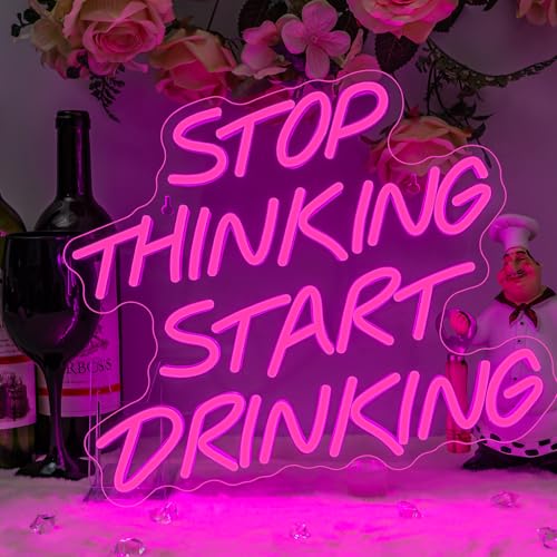 DREAMFORT Stop Thinking Start Drinking Neon Sign Pink Led Neon Signs Letter Neon Lights Neon Bar Signs for Wall Decor USB Light Up Sign Neon for Home Bar Man Cave Party Club Restaurant - Image 1