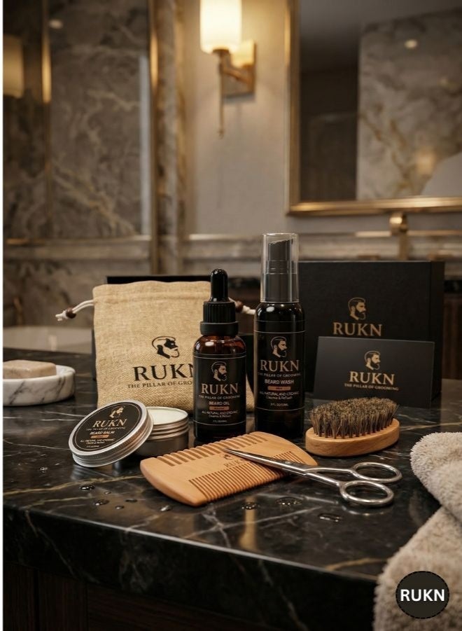 RUKN Premium Beard Grooming Kit for Men – Complete Beard Care Set with Beard Wash, Beard Oil, Beard Balm, Wooden Comb, Boar Bristle Brush & Scissors | Luxury Gift Set for Men - Image 5