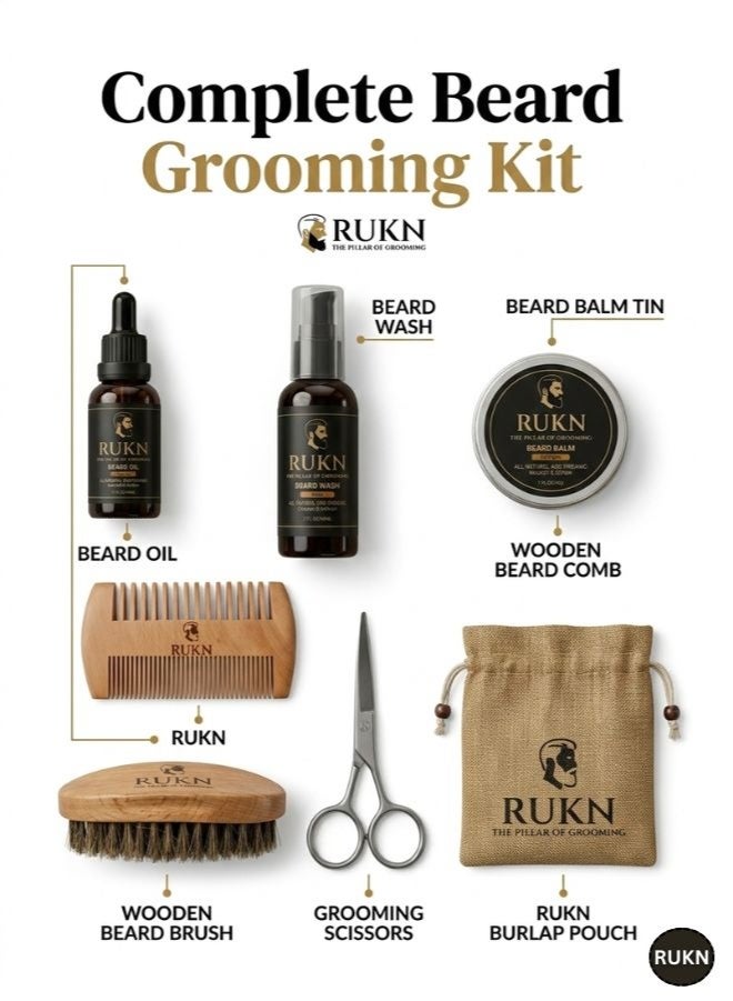 RUKN Premium Beard Grooming Kit for Men – Complete Beard Care Set with Beard Wash, Beard Oil, Beard Balm, Wooden Comb, Boar Bristle Brush & Scissors | Luxury Gift Set for Men - Image 2
