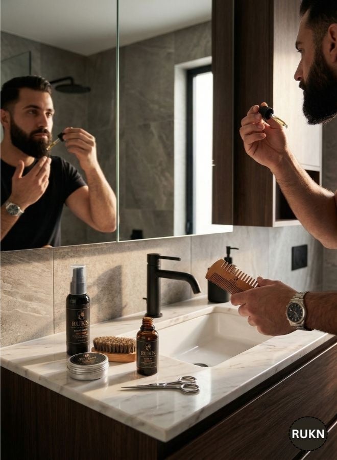 RUKN Premium Beard Grooming Kit for Men – Complete Beard Care Set with Beard Wash, Beard Oil, Beard Balm, Wooden Comb, Boar Bristle Brush & Scissors | Luxury Gift Set for Men - Image 4