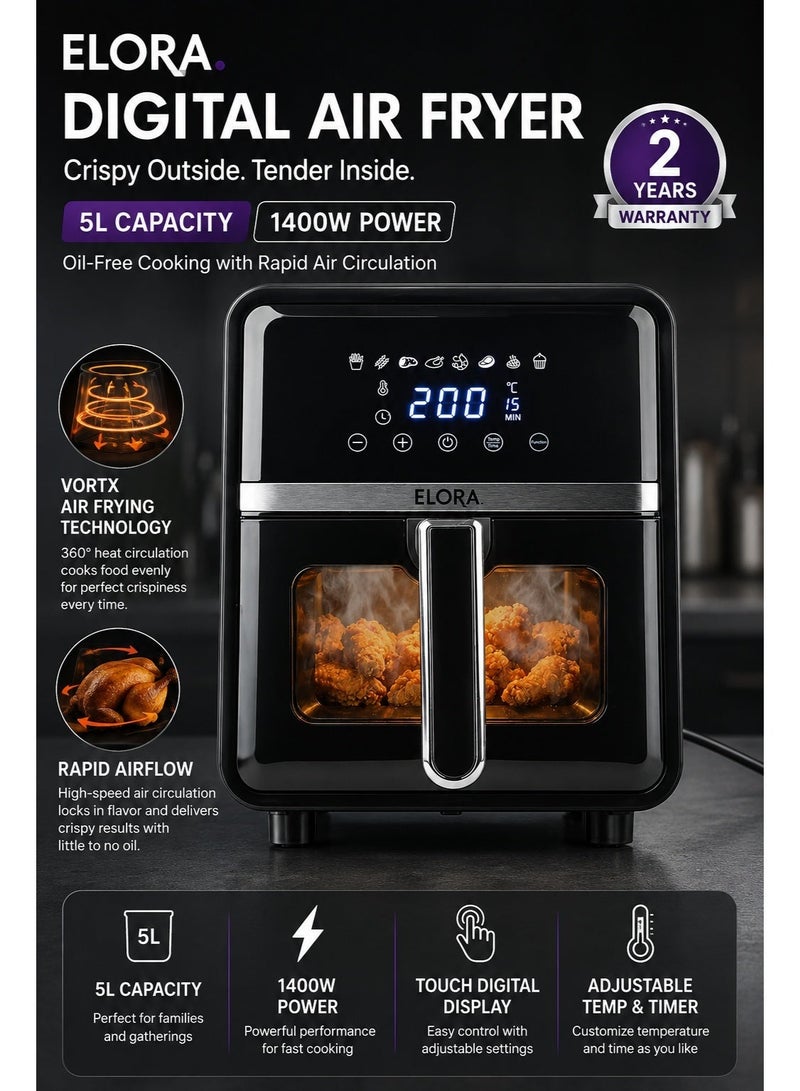 ELORA Digital Air Fryer 5L, 1400W, Oil-Free Cooking with Rapid Air Circulation, Adjustable Temperature & Timer, Touch Digital Display, ELAF-8102 Black - Image 1