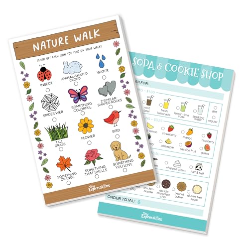 Tiny Expressions Kids Imaginative Play Notepads – 40 Pages Order-Taking Soda & Cookie Shop Notepad & 40 Pages for Nature Walk Scavenger Hunt – Imaginative Role Play, Pretend Play Notepads - Image 1