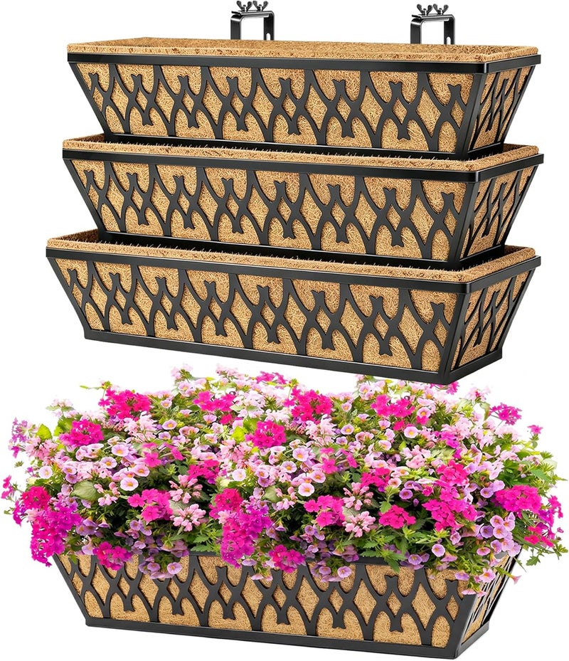Karlliu 4 Pack 24 Inch Window Boxes Planters for Outdoor Plants Railing Planter Box with Adjustable Brackets for Windowsill Porch Fence Patio Hanging Flower Coco Baskets for Outside Decoration - Black - Image 1
