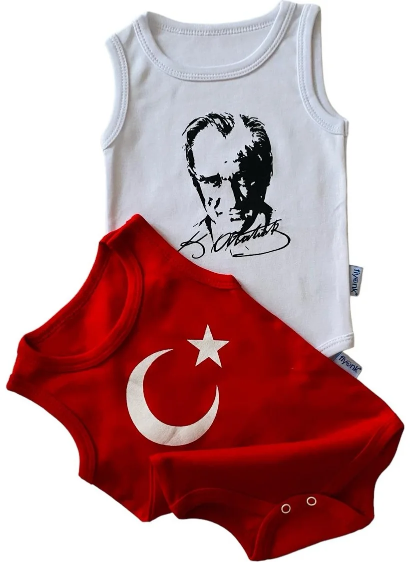 Miyakidsworld Atatürk Organic Printed Baby Bodysuit 100% Cotton Moon Star White/red Snap Fastener Bodysuit 2 Pieces