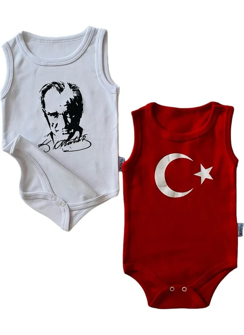 Miyakidsworld Atatürk Organic Printed Baby Bodysuit 100% Cotton Moon Star White/red Snap Fastener Bodysuit 2 Pieces