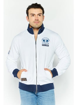 Men Mock Neck Brand Logo Long Sleeves Full Zip Sweatshirt, White Combo