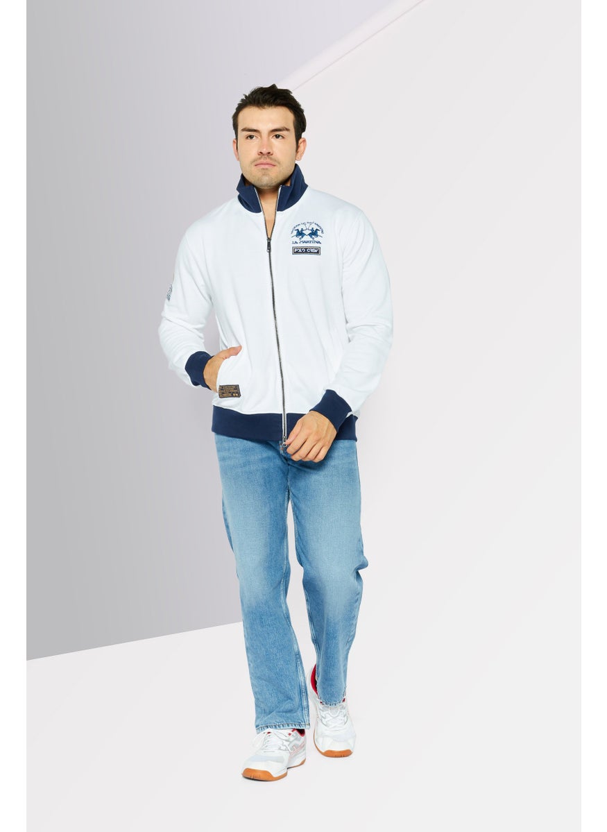 La Martina - Men Mock Neck Brand Logo Long Sleeves Full Zip Sweatshirt, White Combo - Image 1