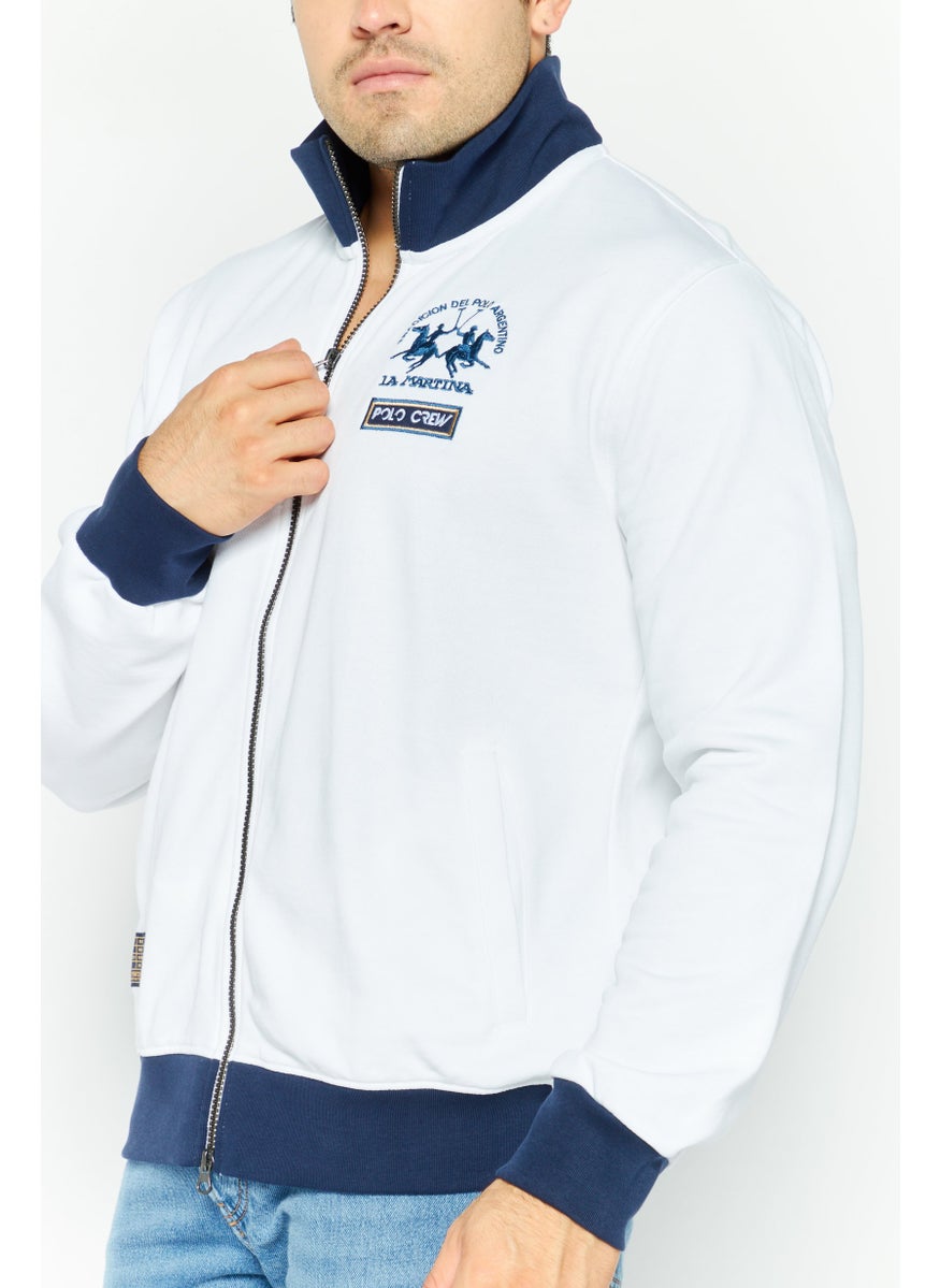 La Martina - Men Mock Neck Brand Logo Long Sleeves Full Zip Sweatshirt, White Combo - Image 1