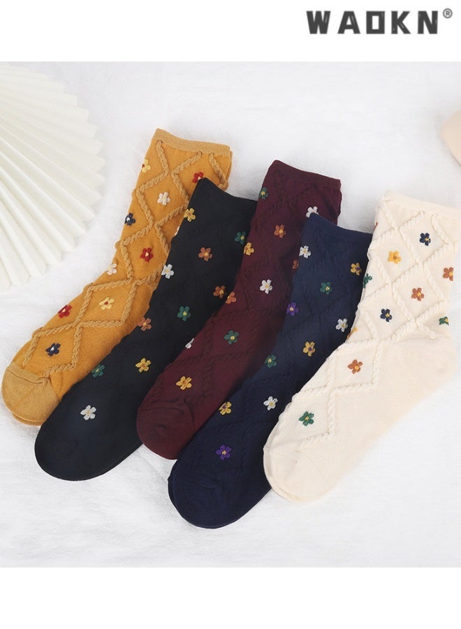 WAOKN 5 pcs Women's Cotton Socks, Cute Floral Ruffle Heart Design Polka Dot Solid Striped Pattern , Ladies Girls Socks , Casual versatile cotton socks , Sweat absorption and odor prevention , yellow ,black, beige,blue,red. - Image 3