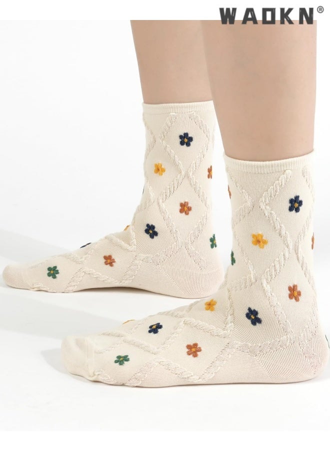 WAOKN 5 pcs Women's Cotton Socks, Cute Floral Ruffle Heart Design Polka Dot Solid Striped Pattern , Ladies Girls Socks , Casual versatile cotton socks , Sweat absorption and odor prevention , yellow ,black, beige,blue,red. - Image 2