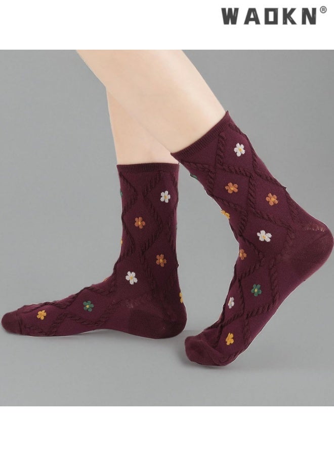 WAOKN 5 pcs Women's Cotton Socks, Cute Floral Ruffle Heart Design Polka Dot Solid Striped Pattern , Ladies Girls Socks , Casual versatile cotton socks , Sweat absorption and odor prevention , yellow ,black, beige,blue,red. - Image 4