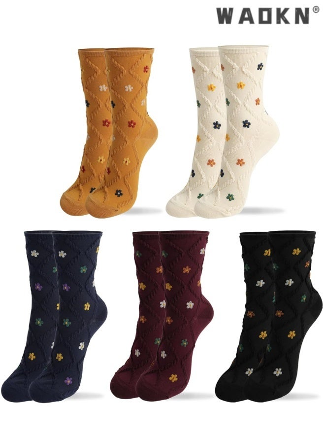WAOKN 5 pcs Women's Cotton Socks, Cute Floral Ruffle Heart Design Polka Dot Solid Striped Pattern , Ladies Girls Socks , Casual versatile cotton socks , Sweat absorption and odor prevention , yellow ,black, beige,blue,red. - Image 1
