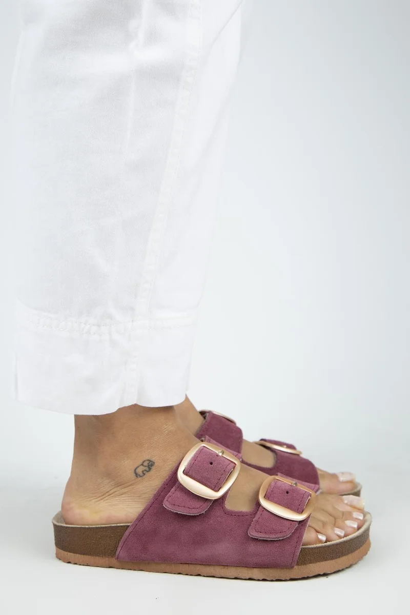 Manijero Manijero Irene Women's Genuine Leather Double Buckle Cherry Red Slippers