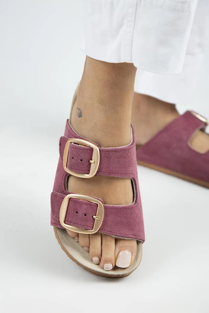 Manijero Manijero Irene Women's Genuine Leather Double Buckle Cherry Red Slippers