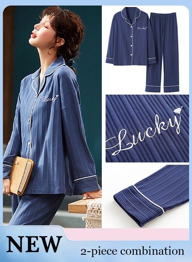 2-Piece Set Of Unisex Pajamas Pure Cotton Long Sleeved Pants For Couples' Home Wear Fashion Casual Family Set - Image 1