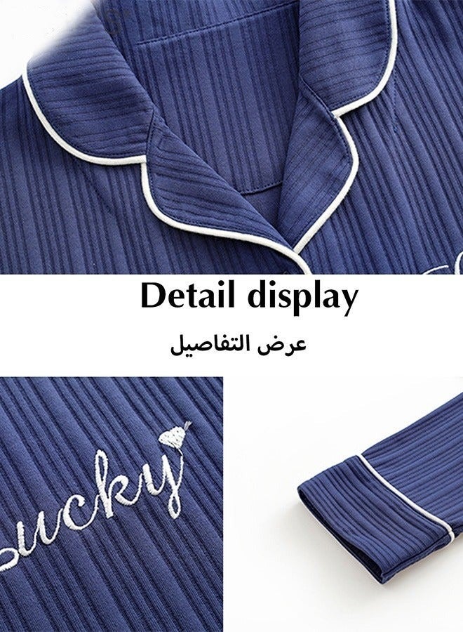 2-Piece Set Of Unisex Pajamas Pure Cotton Long Sleeved Pants For Couples' Home Wear Fashion Casual Family Set - Image 2