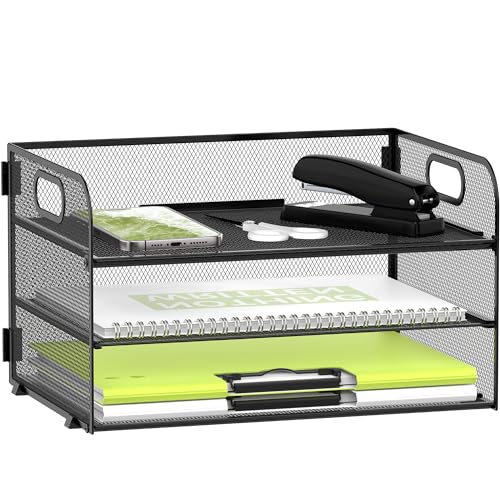 Daltack 3Tier Paper Organizer with Handle Mesh Desk Organizer Letter Tray Paper Tray Organizer File Organizer for A4 File Folder Black