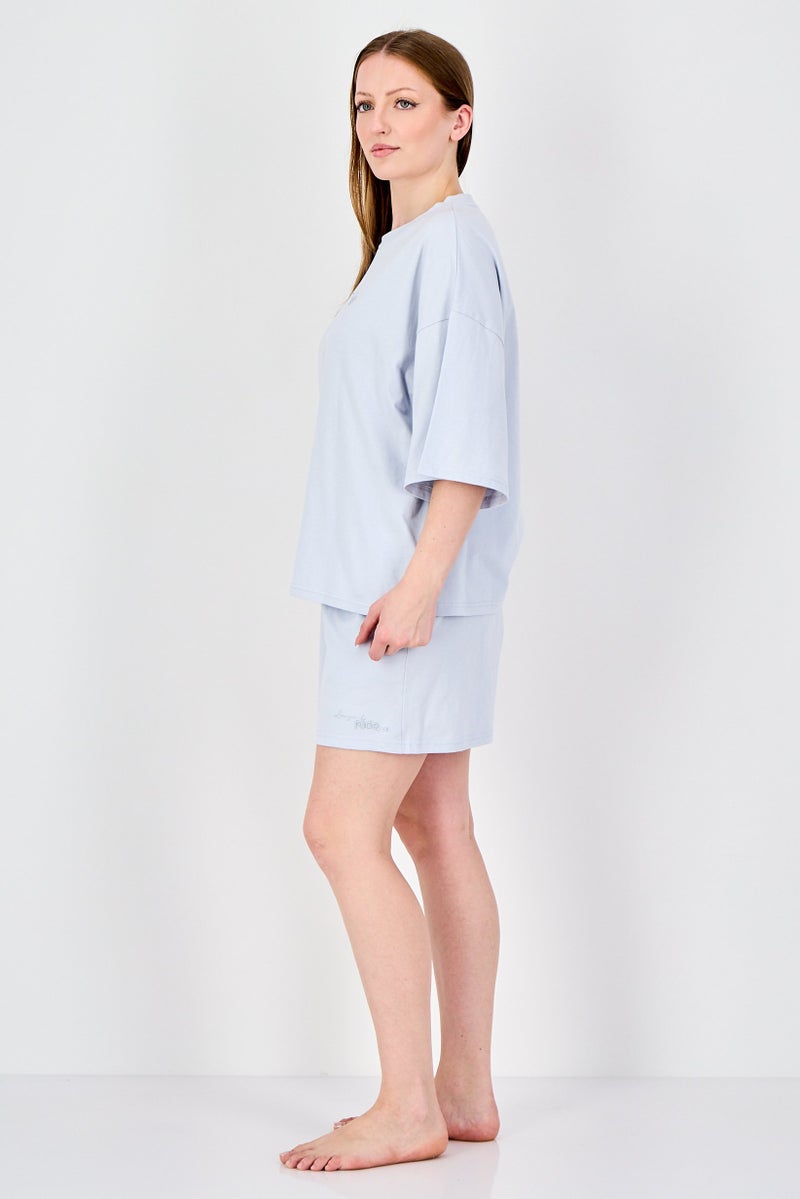 Fudo Lounge By Fudo Women 2 Pieces Embroidered Logo Pajama Top And Bottom Set, Light Blue - Image 3