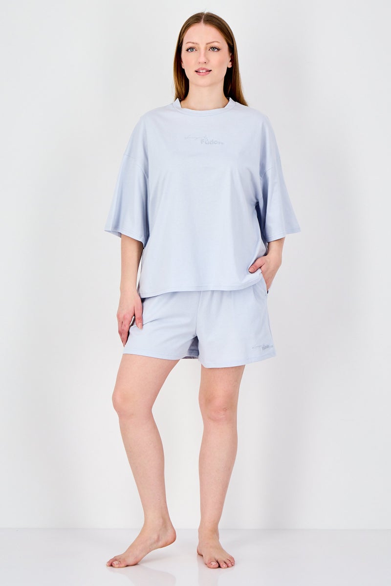Fudo Lounge By Fudo Women 2 Pieces Embroidered Logo Pajama Top And Bottom Set, Light Blue - Image 1