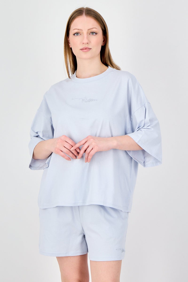 Fudo Lounge By Fudo Women 2 Pieces Embroidered Logo Pajama Top And Bottom Set, Light Blue - Image 2