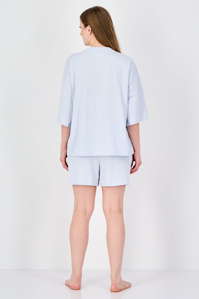 Fudo Lounge By Fudo Women 2 Pieces Embroidered Logo Pajama Top And Bottom Set, Light Blue - Image 4