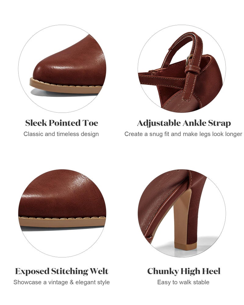 Coutgo Womens Chunky High Heels Closed Pointed Toe Ankle Strap Pumps Vintage D'Orsay Dress Party Shoes, Red-Brown, Size 7 - Image 5