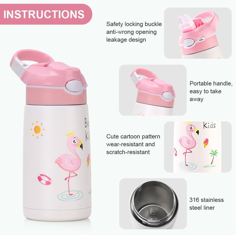Kid Stainless Steel Water Bottle with Straw, 13.5 oz Insulated Water Bottle, Double Wall Keep Hot Cold Drinks Thermal Bottle with Handle for School Boys and Girls,BPA-Free (Pink Flamingos) - Image 4