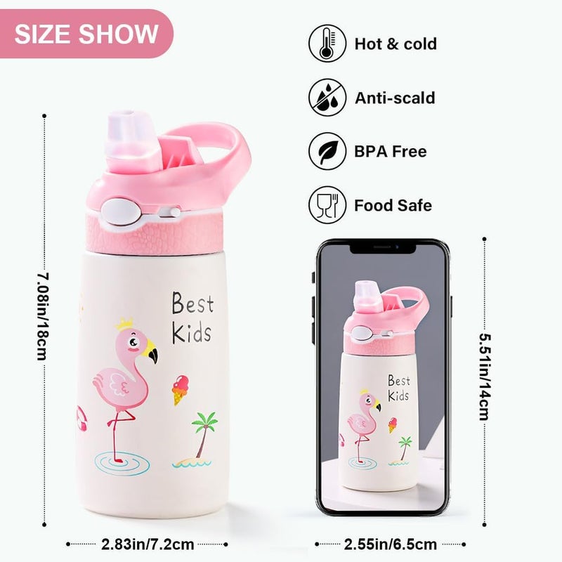 Kid Stainless Steel Water Bottle with Straw, 13.5 oz Insulated Water Bottle, Double Wall Keep Hot Cold Drinks Thermal Bottle with Handle for School Boys and Girls,BPA-Free (Pink Flamingos) - Image 1