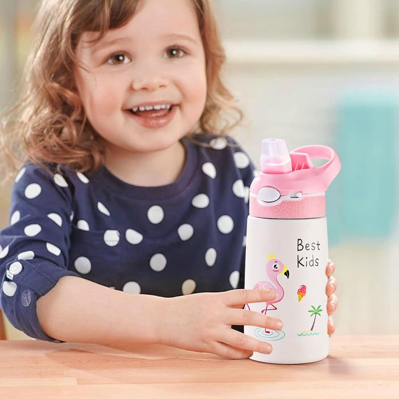 Kid Stainless Steel Water Bottle with Straw, 13.5 oz Insulated Water Bottle, Double Wall Keep Hot Cold Drinks Thermal Bottle with Handle for School Boys and Girls,BPA-Free (Pink Flamingos) - Image 5