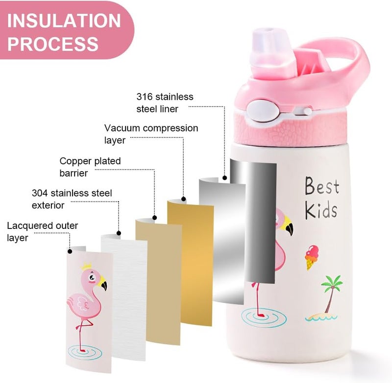 Kid Stainless Steel Water Bottle with Straw, 13.5 oz Insulated Water Bottle, Double Wall Keep Hot Cold Drinks Thermal Bottle with Handle for School Boys and Girls,BPA-Free (Pink Flamingos) - Image 2