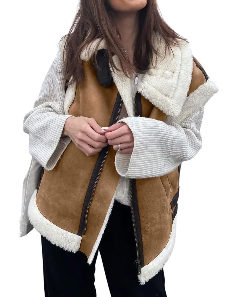 loveimgs Womens Winter Warm Suede Sherpa Leather Vest Jacket Zip Up Sleeveless Lambwool Fur Coat with Pockets Medium Brown