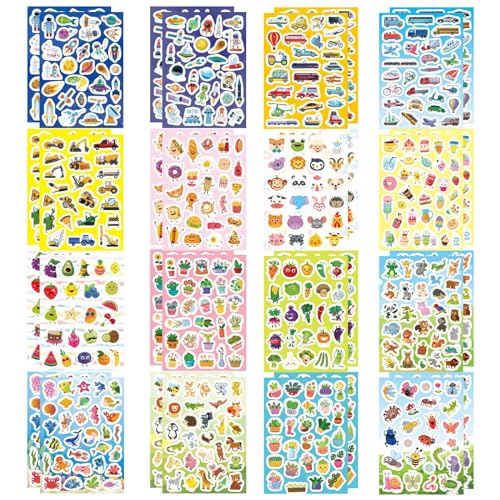 DUJAA 32 Sheets Stickers for Kids 850 PCS Cute Stickers Variety Pack for Kids 16 Different Theme with Sea Animal Food Dessert Space Fruit Flowers Cars and More - Image 1