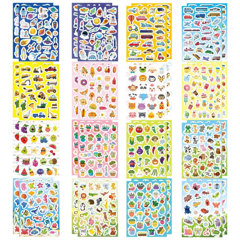 DUJAA 32 Sheets Stickers for Kids 850 PCS Cute Stickers Variety Pack for Kids 16 Different Theme with Sea Animal Food Dessert Space Fruit Flowers Cars and More - Image 2