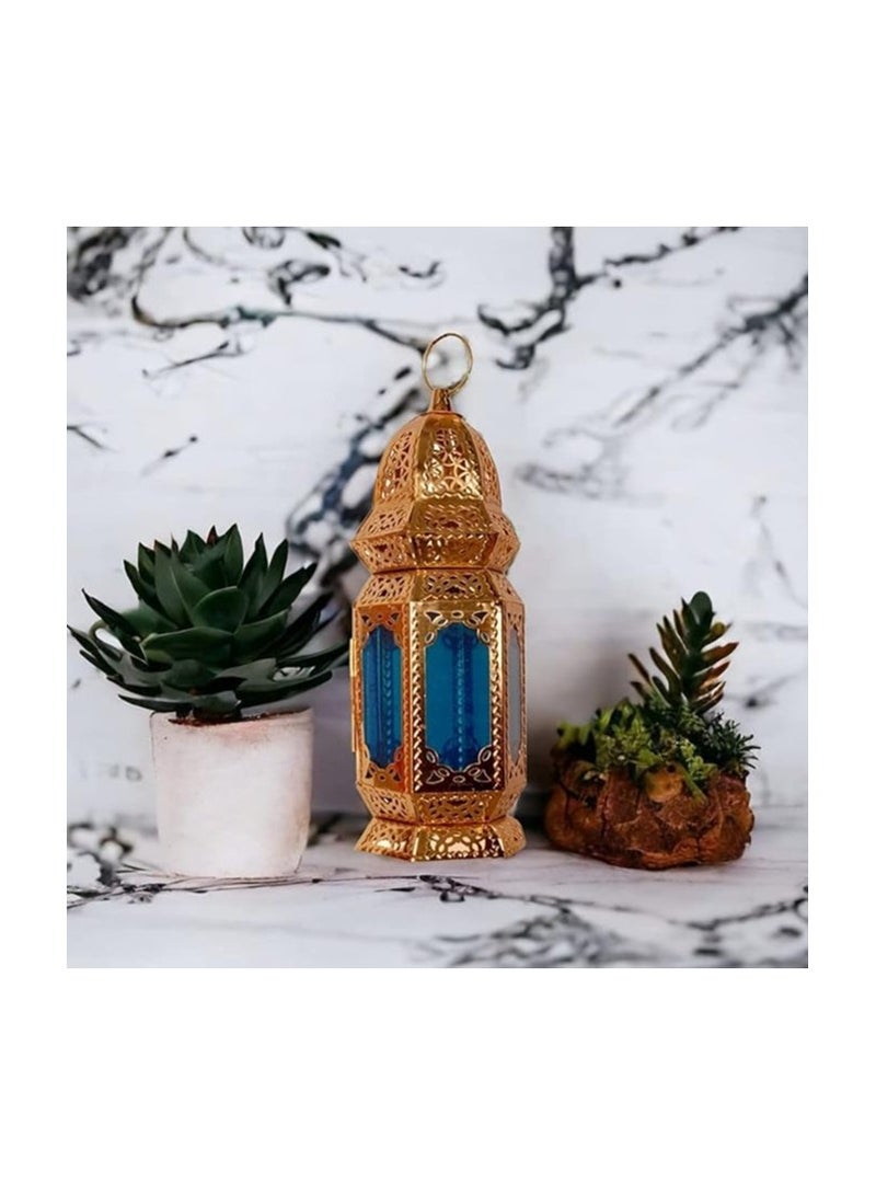 فانوس رمضان زجاج معدن 48 سم مزخرف على الطراز الإسلامي لون ذهبي - بتصميم متميز شكل رائع للديكور - زجاج شفاف - قد يختلف التصميم. - Image 1