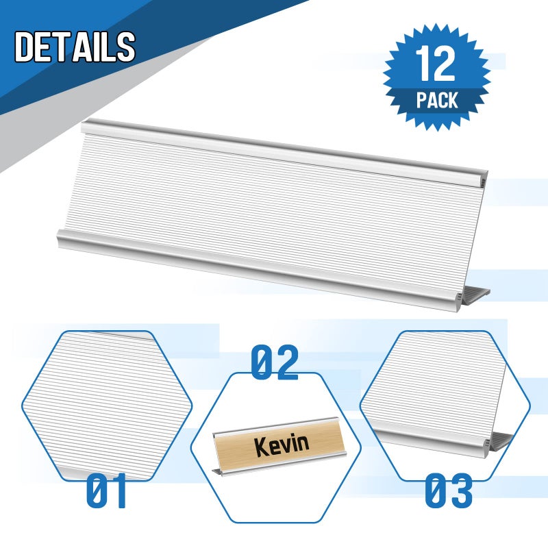 LEIFIDE 12 Pack Aluminum Name Plate Holder for Desk 2 x 8 Inch Name Plates Office Business Desk Holder Desktop Table Display for Business Office Meeting Teacher Woman Man, Blank(Silver) - Image 3