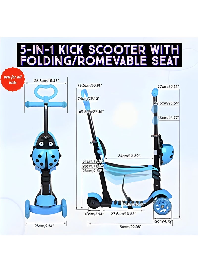 MAGIC VAULT - 5-In-1 Kids Scooter,Kick Scooter With Adjustable Removable Seat and Push Handle,Lightweight Toddler Scooter with Flashing Led Light Up Wheels for Boys Girls(Blue) - Image 1