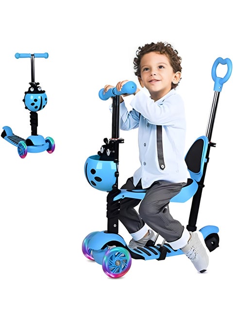 5-In-1 Kids Scooter,Kick Scooter With Adjustable Removable Seat and Push Handle,Lightweight Toddler Scooter with Flashing Led Light Up Wheels for Boys Girls(Blue)