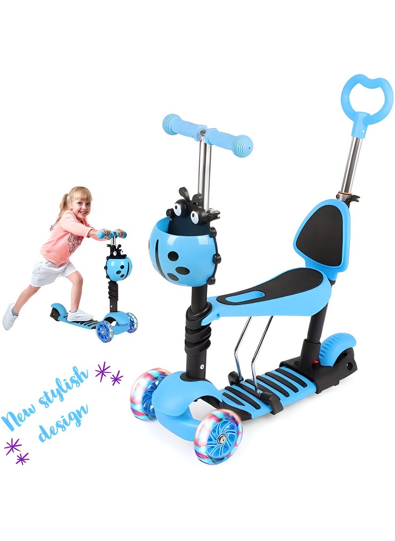 MAGIC VAULT - 5-In-1 Kids Scooter,Kick Scooter With Adjustable Removable Seat and Push Handle,Lightweight Toddler Scooter with Flashing Led Light Up Wheels for Boys Girls(Blue) - Image 1