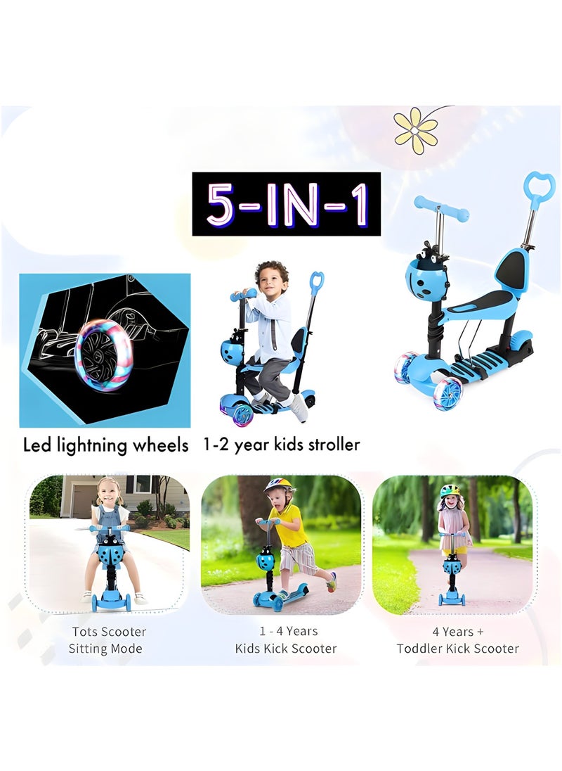 MAGIC VAULT - 5-In-1 Kids Scooter,Kick Scooter With Adjustable Removable Seat and Push Handle,Lightweight Toddler Scooter with Flashing Led Light Up Wheels for Boys Girls(Blue) - Image 1