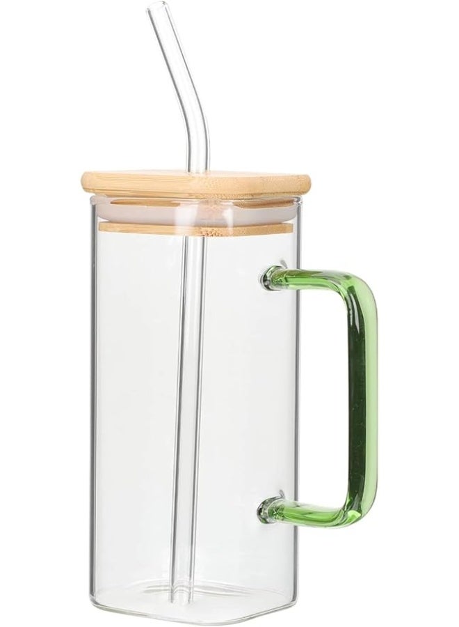 Glass Tumbler with Colored Handle Pack of 1, 400ml Coffee Sipper with Wooden Lid and Glass Straw Iced Tea Mug Clear Drinking Cup for Juice, Milk, Smoothie, Beer - Image 1